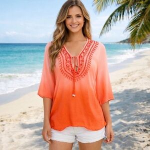 Khush Coral Dip Dye Embroidered Boho Tunic Poncho Cover Up Top Side Medium
